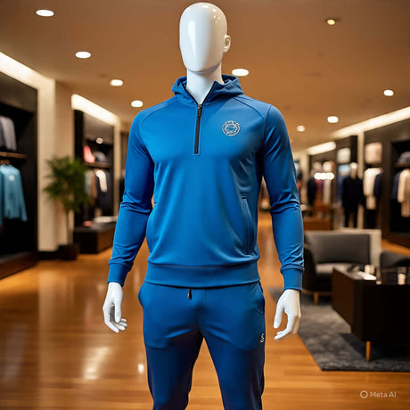 Men's plus size blue tracksuit displayed on a mannequin in a stylish retail environment.