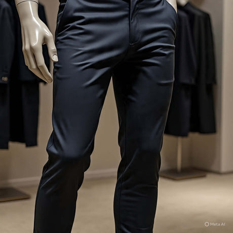 Close-up of men's plus size pants displayed on a mannequin in a modern retail setting.
