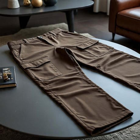 Men's plus size brown cargo pants displayed on a coffee table, featuring multiple pockets for functionality.