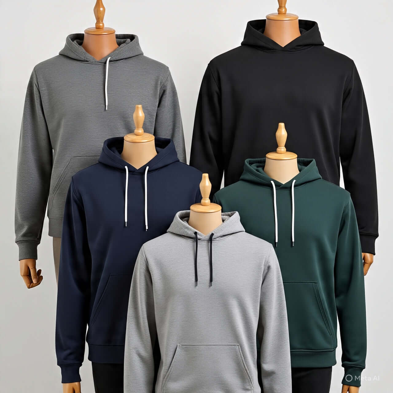 Collection of men's plus size hoodies in various colors including gray, navy, black, and green, displayed on mannequins.
