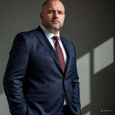Stylish men's plus size suit with dark navy color and maroon tie, perfect for formal occasions.