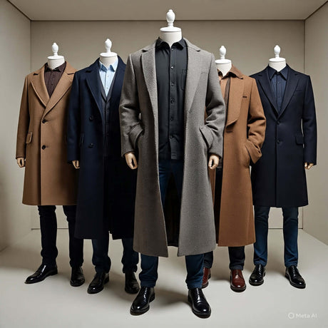 Men's plus size jackets and coats displayed on mannequins in varied styles and colors.