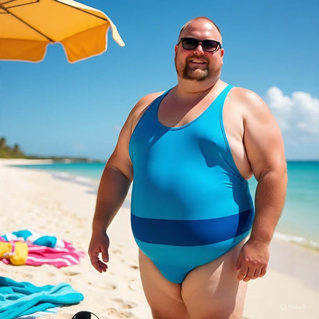 Man in a blue plus size swimsuit enjoying the beach under an umbrella, showcasing men's swimwear collection.