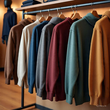 Men's plus size sweaters displayed in a variety of colors on wooden hangers in a stylish retail environment.