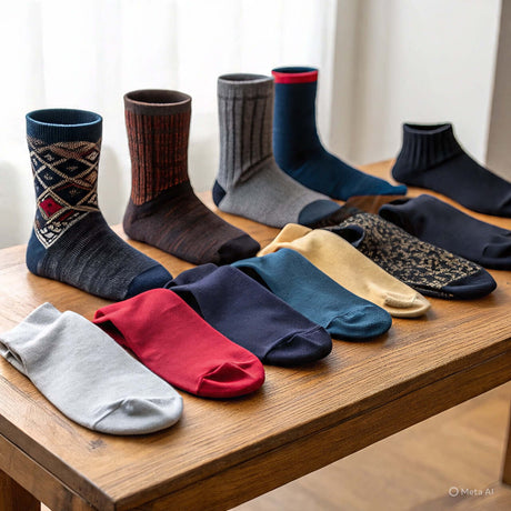 Collection of stylish men's socks displayed on a wooden table, featuring various colors and patterns.
