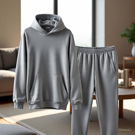 Men's loungewear set featuring a comfortable gray hoodie and matching sweatpants, ideal for relaxation.