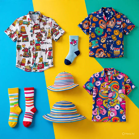 Colorful men's novelty clothing collection featuring fun shirts, whimsical socks, and playful hats on a vibrant background.