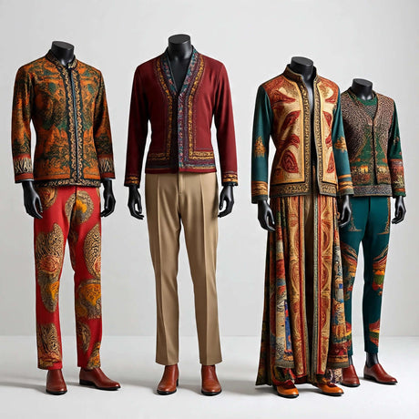 Stylish men's exotic apparel collection featuring intricately designed jackets and trousers in vibrant colors.