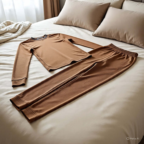 Cozy brown thermal underwear set laid on a bed, perfect for warmth and comfort during colder seasons.