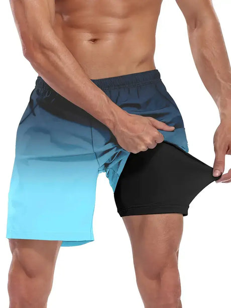 Man wearing blue gradient swim trunks, showcasing interior black lining for added comfort and style.