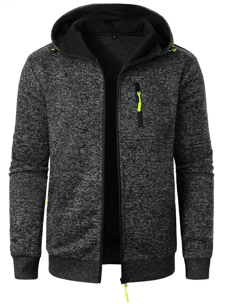 Men's black and gray zip-up hoodie with a hood and neon accents, perfect for casual wear and outdoor activities.