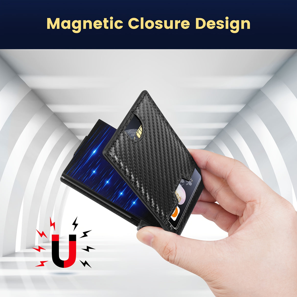 Hand holding Slim RFID Blocking Bifold Wallet showcasing magnetic closure design on a modern background.