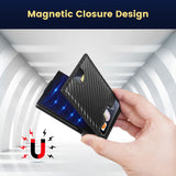 Hand holding Slim RFID Blocking Bifold Wallet showcasing magnetic closure design on a modern background.