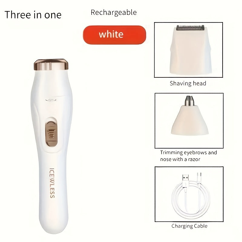 3-in-1 women's electric shaver kit in white, featuring shaving head, eyebrow trimmer, and USB rechargeable design.