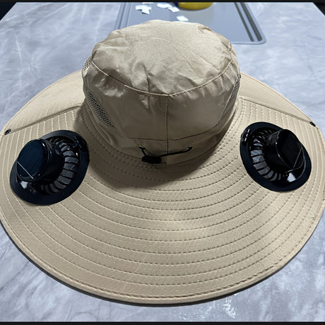 Solar dual fan hat in grey with anti-UV protection, featuring USB-powered fans for cooling comfort.