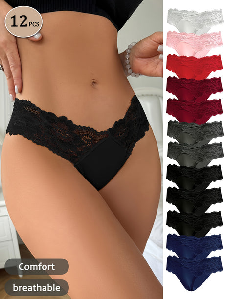 12pcs women's low-waist thongs in assorted colors with lace details, designed for comfort and breathability.