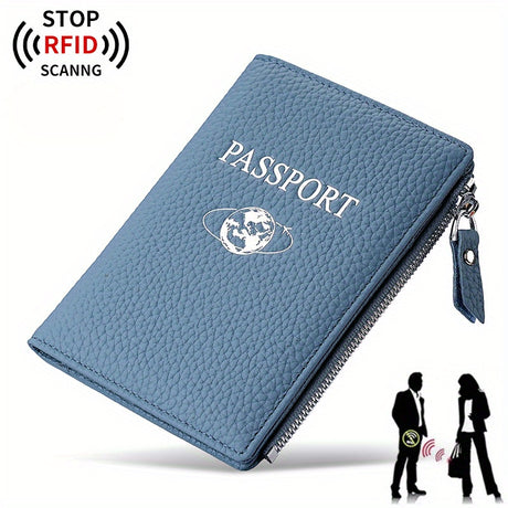 RFID passport holder in blue with zipper closure, offers lightweight anti-theft protection for secure travel.