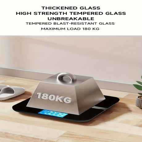Electronic scale with thickened tempered glass, maximum load 180 kg, unbreakable design, ideal for home or commercial use.