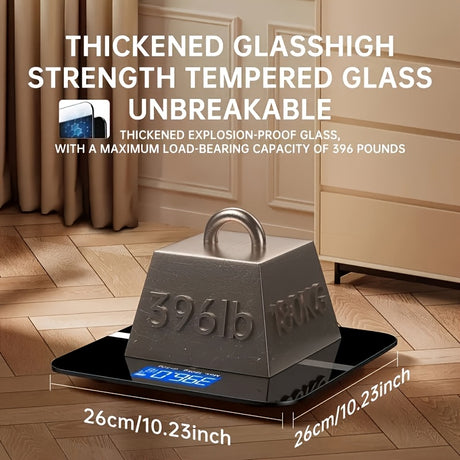 Electronic scale made of thickened tempered glass, featuring a max load capacity of 396 pounds; modern and durable design.