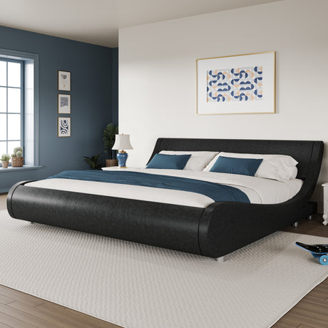 WEEWAY Modern Platform Bed Frame in black faux leather with contemporary design, set against a stylish interior.