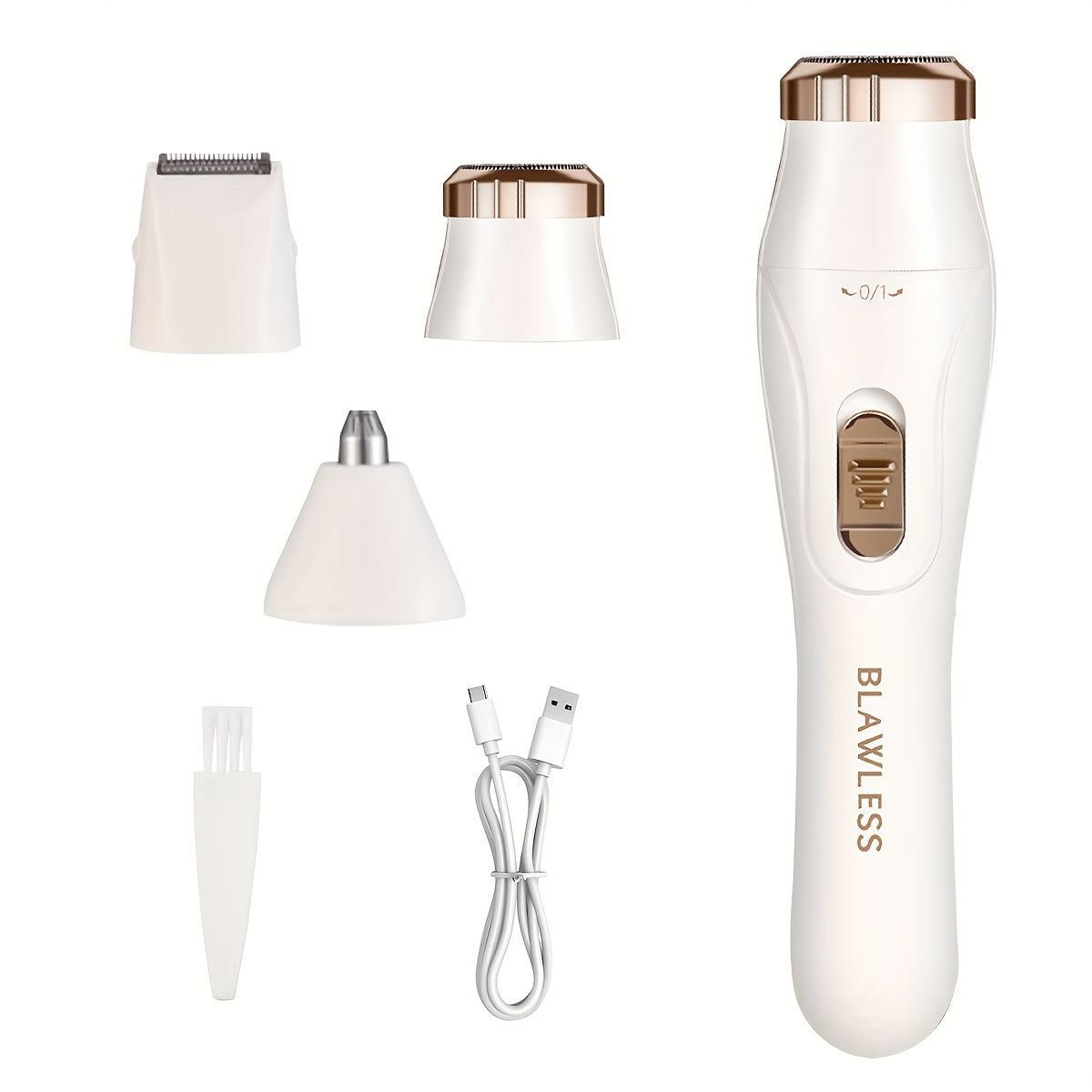 3-in-1 women's electric shaver kit including trimmers and USB charging cable for smooth grooming.
