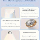 Image showcasing features of a 3-in-1 electric shaver kit for smooth grooming, highlighting different knife blades for body hair.