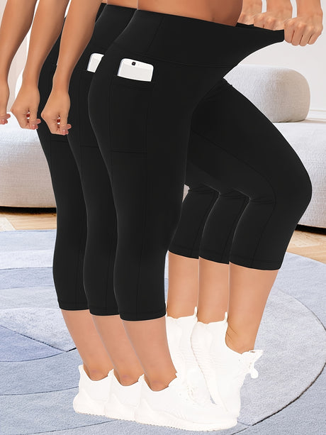 3pcs black stretch polyester leggings featuring pockets, perfect for spring, summer, and fall wear.