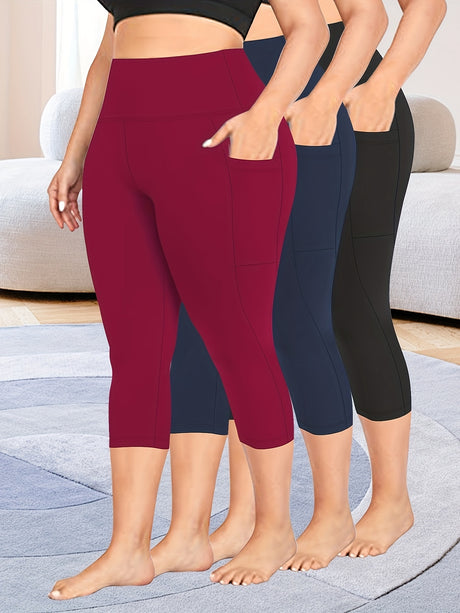 3pcs stretch polyester leggings in burgundy, navy, and black, featuring pockets and a high stretch composition.