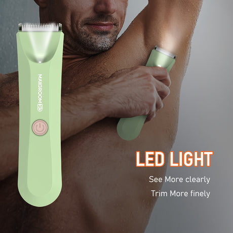 Body hair trimmer for men and women with LED light for precision trimming and rechargeable battery by MAXGROOM.