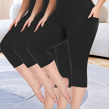3pcs stretch polyester leggings by DEERLING, high stretch, solid black, featuring pockets, perfect for spring, summer, and fall.