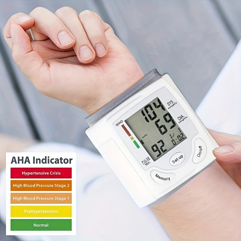 Automatic wrist blood pressure monitor displaying readings with AHA indicator for health status.