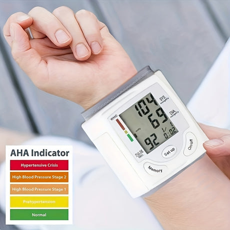 Automatic wrist blood pressure monitor displaying readings with AHA indicator for health status.