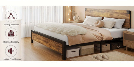 Vintage metal bed frame with sturdy structure, 700 lbs capacity, and noise-free design, perfect for stylish bedrooms.
