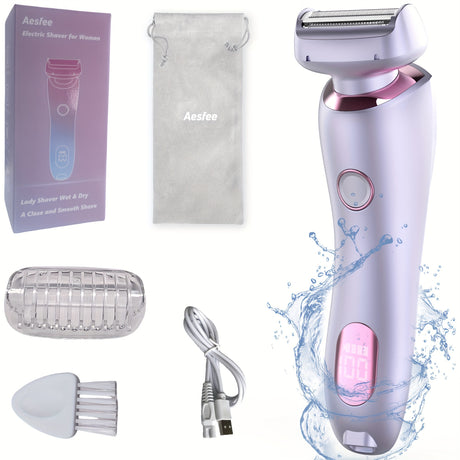 Rechargeable electric shaver for women with USB charging, stainless steel blade, and accessories in packaging.