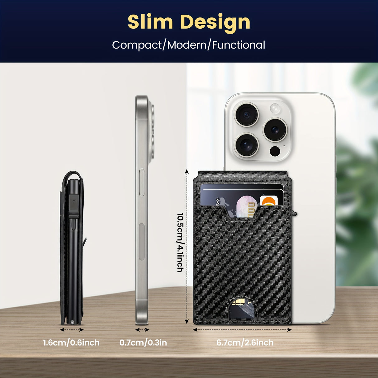 Slim RFID blocking bifold wallet in carbon fiber leather, compact design alongside an iPhone, showcasing dimensions.