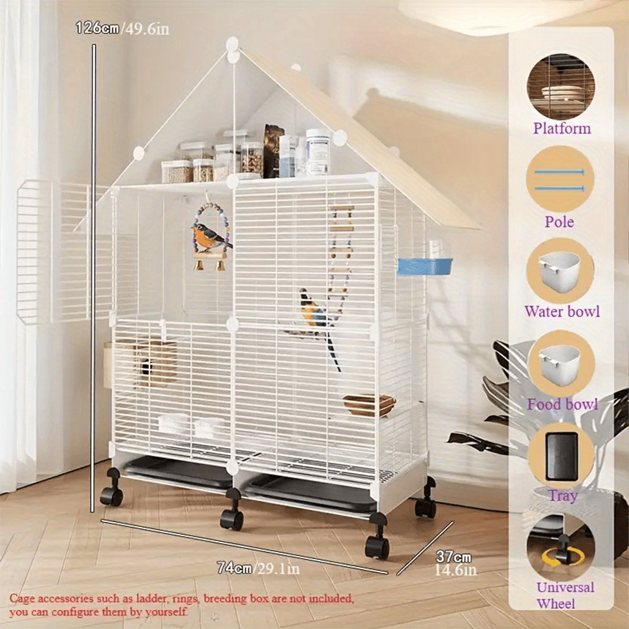 Heavy-duty metal bird cage with wheels, multi-level design, and accessories for bird care in a cozy indoor setting.