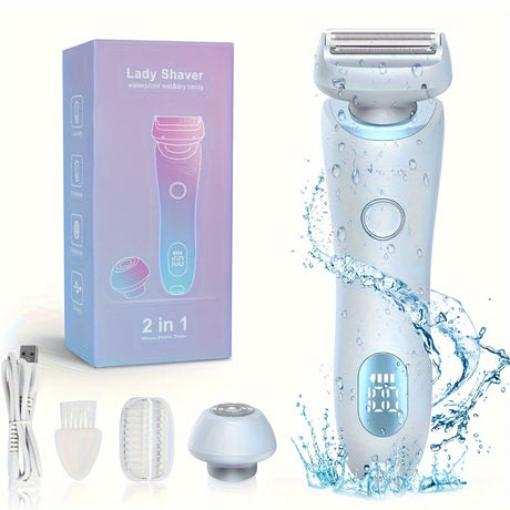 Electric shaver razor for women with USB charging and washable design, includes 2-in-1 attachments and LED display.