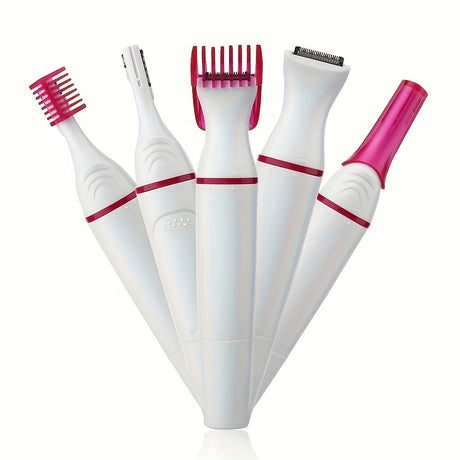 5-in-1 electric epilator for women, designed for multipurpose grooming with interchangeable attachments.