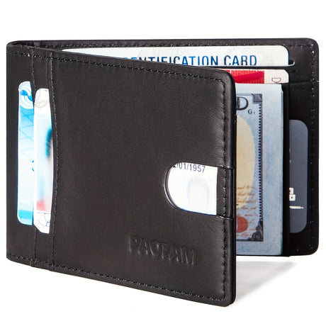Top Layer Cowhide Bifold Wallet showcasing RFID blocking, made of elegant top-grain leather, perfect for secure card storage.