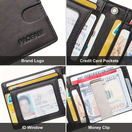 Top Layer Cowhide Bifold Wallet featuring RFID blocking, credit card pockets, ID window, and money clip.