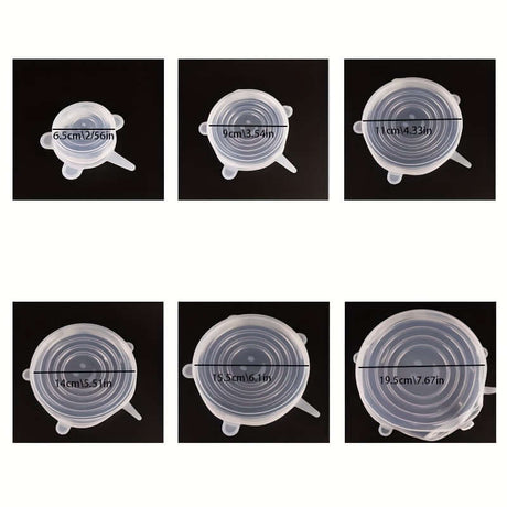 Dimensions of 6-Pack Flexilids reusable silicone food covers, showcasing sizes from 5.5cm to 17.6cm for versatile use.