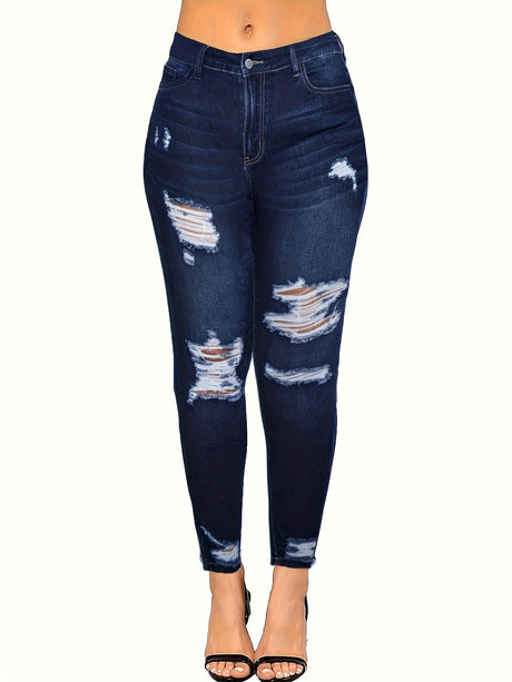 New Ripped Skinny Jeans in dark denim, featuring stylish rips, high waist, and a medium stretch fit.
