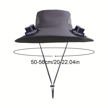 Men's adjustable fan hat with dual fans and chin strap, size 50-56cm, ideal for outdoor activities.