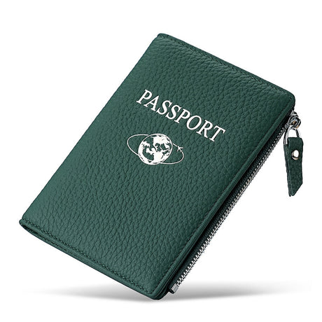 RFID passport holder lightweight anti-theft wallet in green with zipper closure for travel security and style.