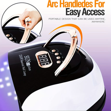 Nail curing light with arc handles for easy access and digital display, portable design for use anywhere.