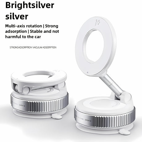 Bright silver 360° rotating magnetic phone holder with strong adsorption, portable and foldable design for stable car use.