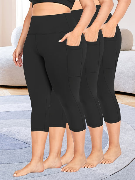 3pcs stretch polyester leggings in black with pockets, perfect for spring, summer, and fall wear.