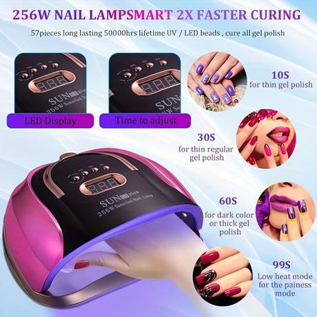 256W nail curing light with digital display, curing times for various gel polishes, unscented and plug powered.