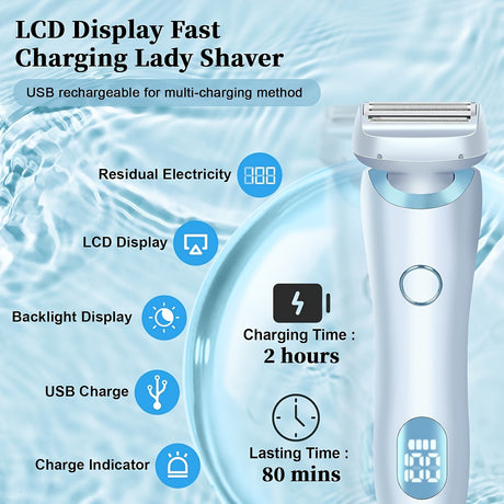 Electric shaver for women with LCD display, fast charging, and USB recharge capabilities for easy use.