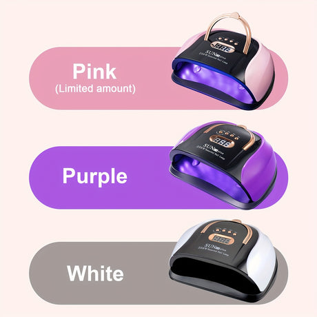 Nail curing light in pink, purple, and white colors with digital display and LED features for effective curing.